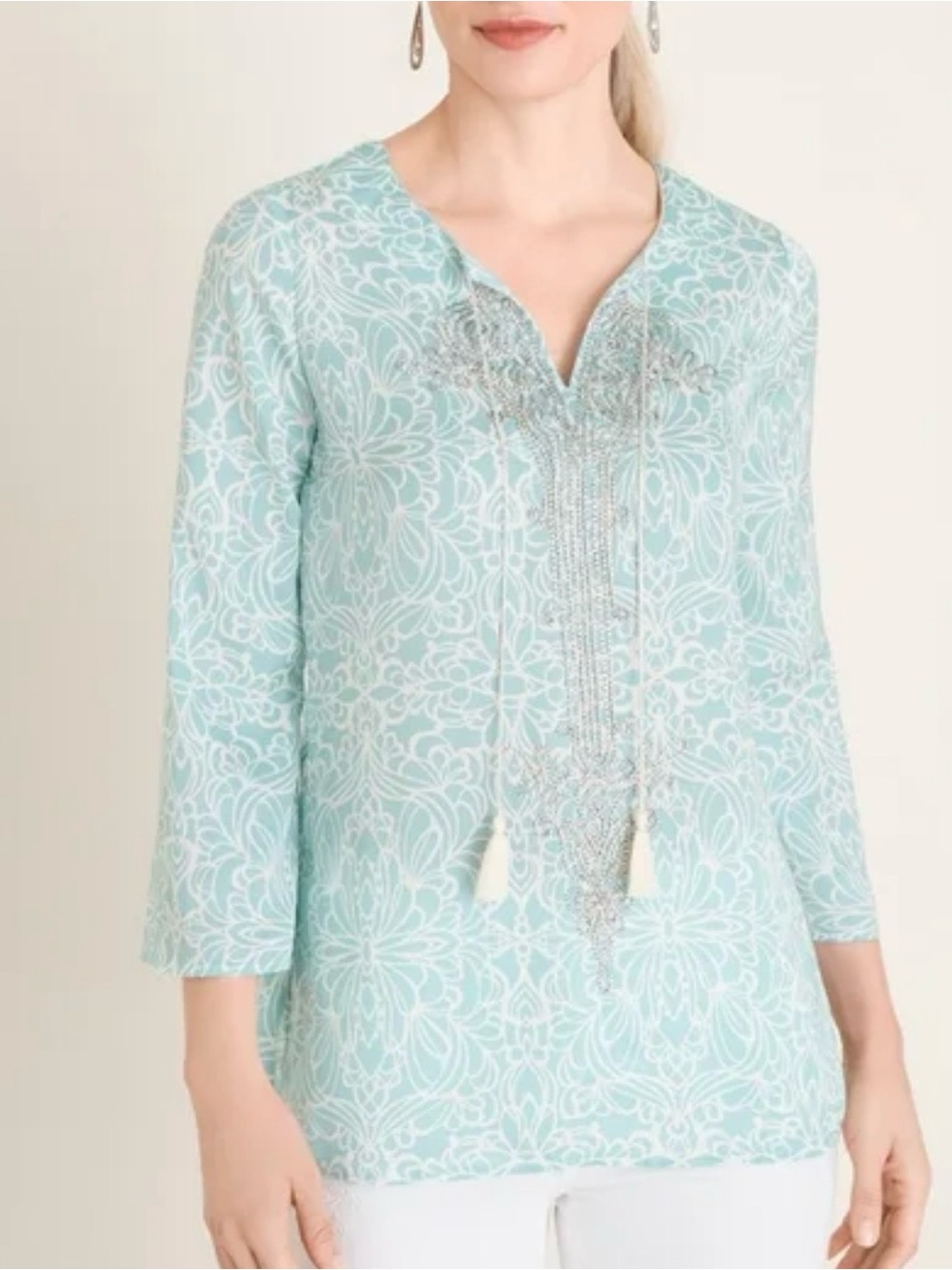 Chico's Light Teal White Split Neck Tunic with Silver Accents | Size 0 (Small)